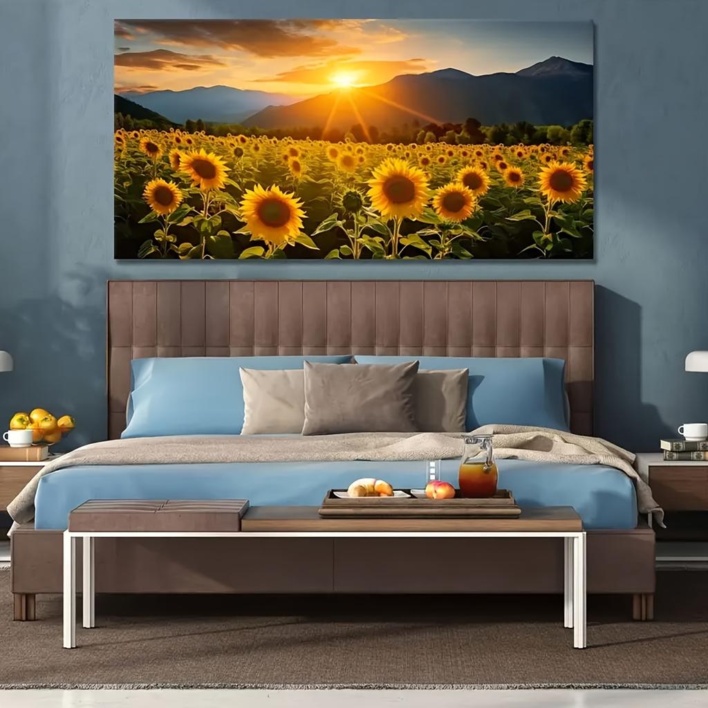 Sonnenblumenfeld und Sonnenaufgang Leinwand Kunstdruck - Ungerahmte Wanddekoration, Geeignet für Wohnzimmer, Schlafzimmer und Heimbüro.