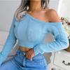 Women's Autumn and Winter Fashion Casual Sexy Hollow Out Strapless Long Sleeve Short Neckless Knitwear Sweater