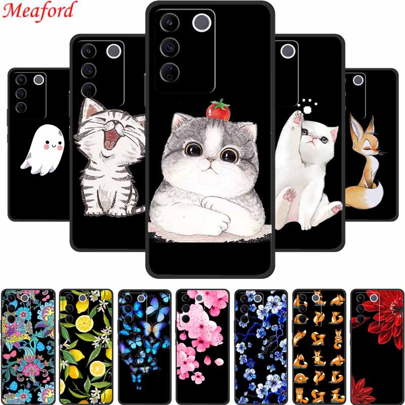 For Vivo V27e Case Cute Cartoon Cat Black Silicone Soft Phone Case For Vivo V27 Pro V27e Back Cover Cases V 27 E Pro Funda Coque