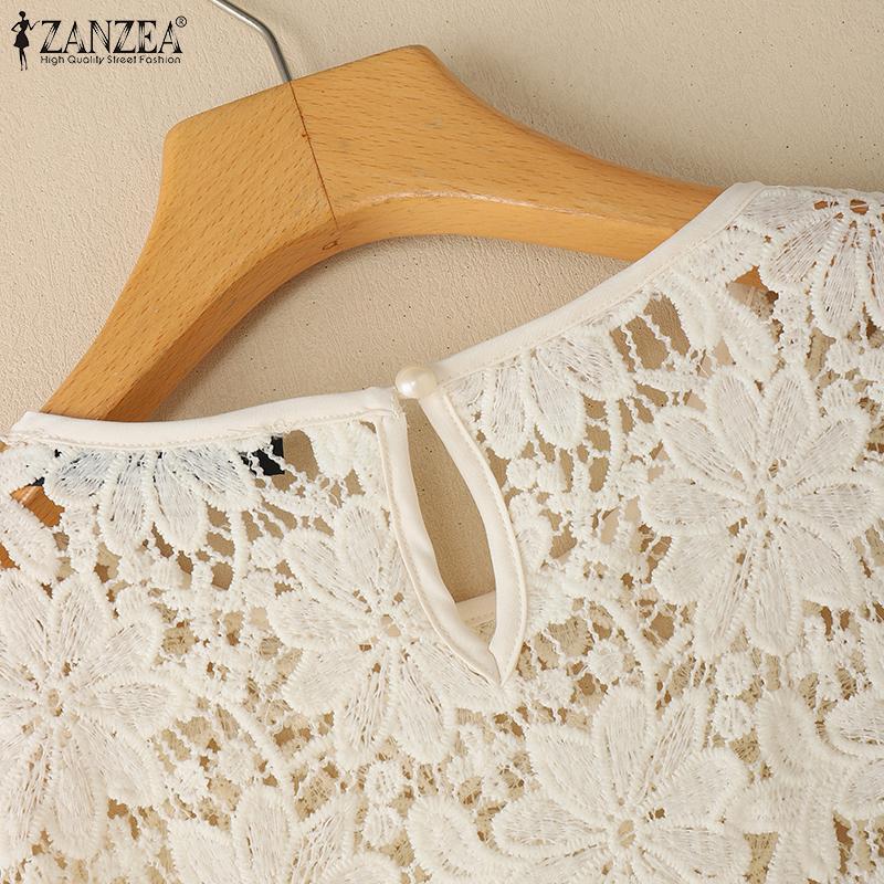 ZANZEA Women Casual Round Neck Hollow Out Lace Short Sleeve Blouse