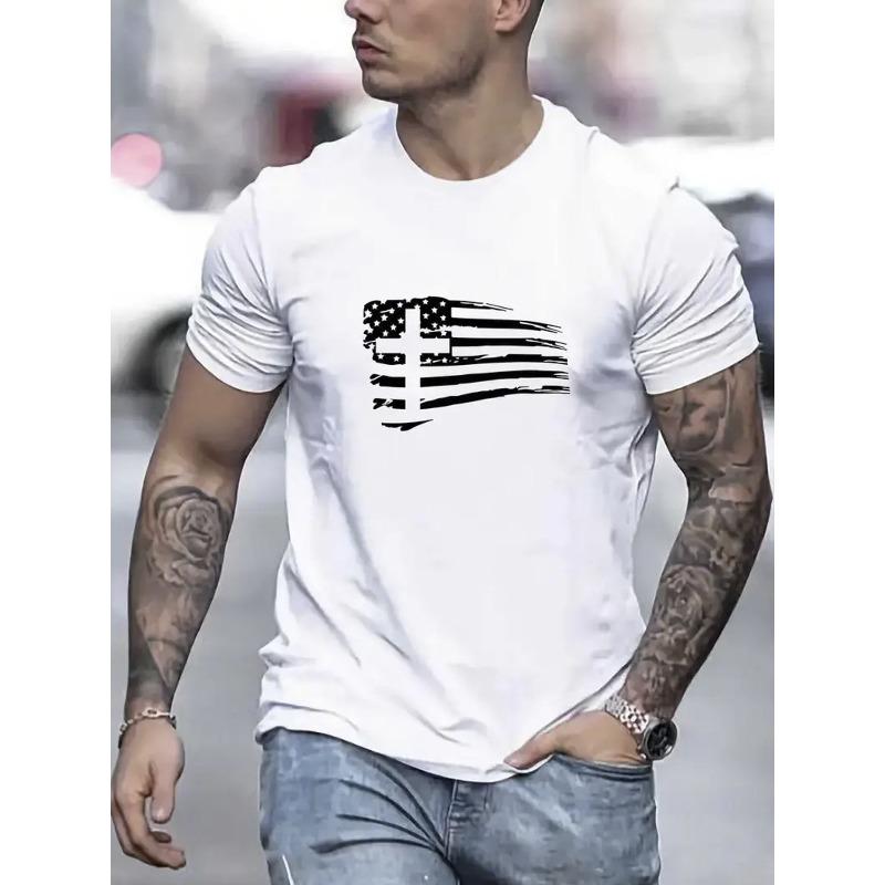 European Size Men's American Flag & Cross Print T-Shirt - Breathable Regular Fit Short Sleeve Tee for Gym, Washable Holiday Gift