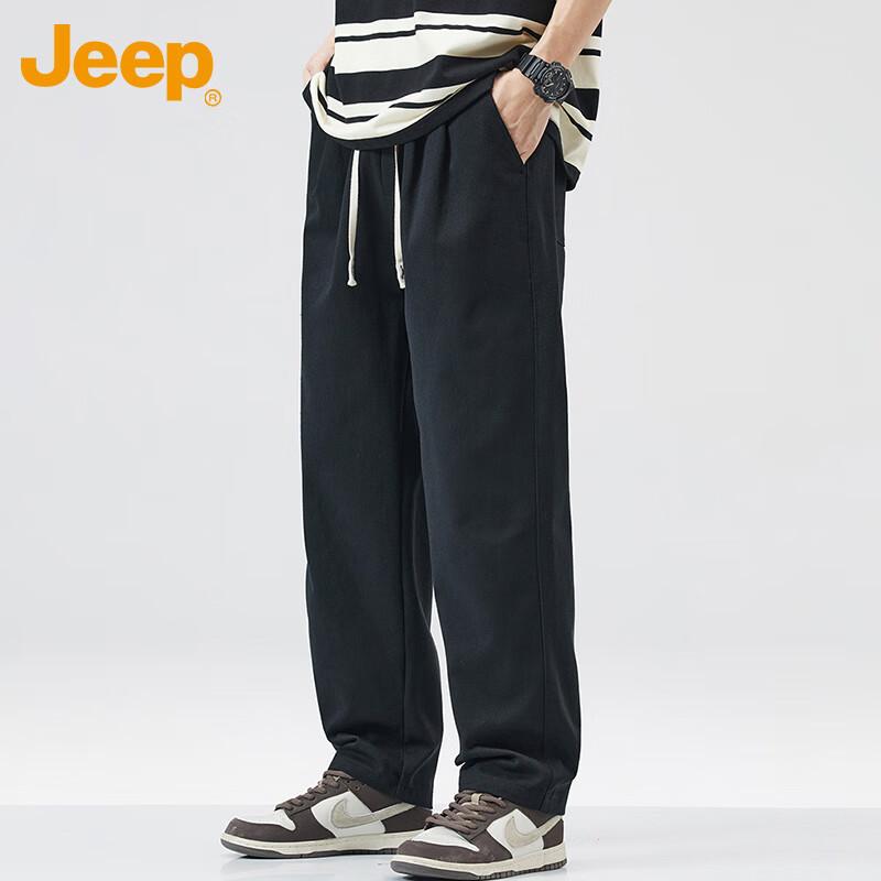 JEEP Men's Casual Pants Autumn Winter Straight Loose Cargo Pants Pure Cotton Trendy Black 2XL