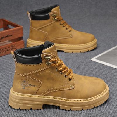Autumn Men's High Top Lace Up Boots British Retro Work Shoes Soft Leather Chunky Sole Non-Slip Ankle Boots Comfortable Casual