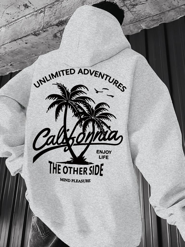 Vacation Style Hip Hop Sweatshirt For Men, California Seaside Scenery Letter Slogan Back Design, Soft Skin Friendly Daily Sports Hoodie