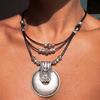 Bohemian Layered Metal and Leather Necklace with Round Pendant - Vintage Look for Vacation or Memorial Gift