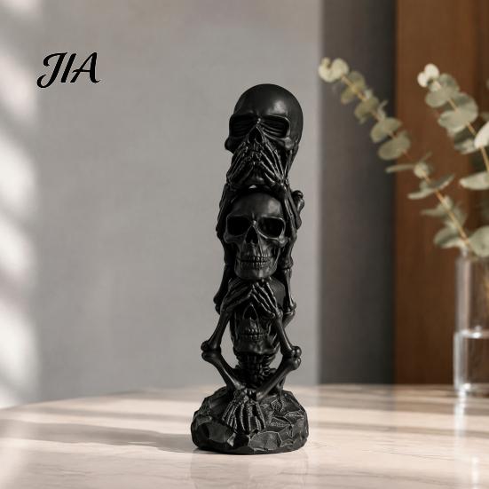 Desktop Decorations 3D Printed Triple Skull Statue, Halloween Horror Hear No Evil See Spooky Table Ornaments Speak Figurine, Creative Desk Decor