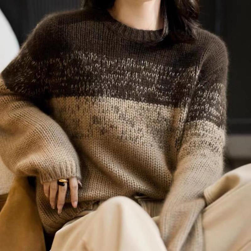 

Женский вязаный топ премиум-класса свободного кроя с градиентной расцветкой и круглым вырезом, осенне-зимний ретро-свитер, базовый слой для ношения под одеждой 2XL