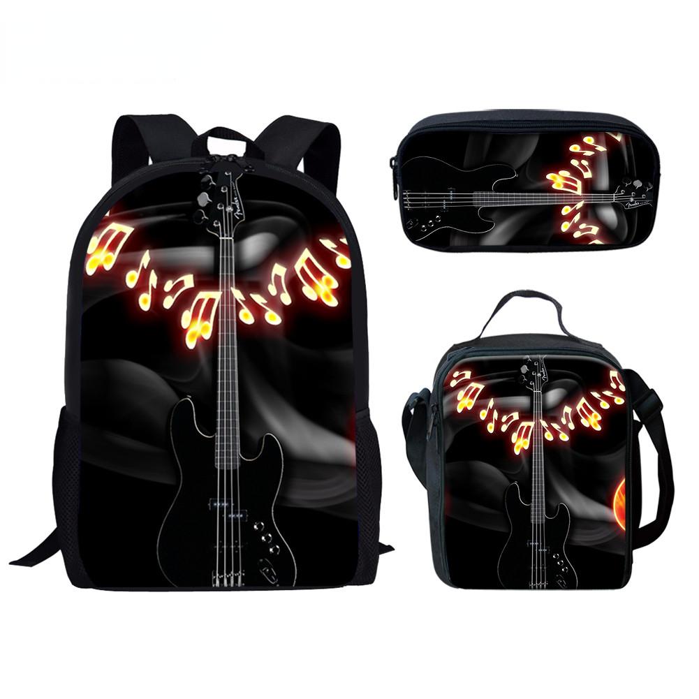 Zaino Scuola per Bambini Zaino per Laptop Zaino Giornaliero Borsa Pranzo Astuccio Musica Chitarra Stampa 3D Novità Divertente Cool di Lusso 3pz/Set