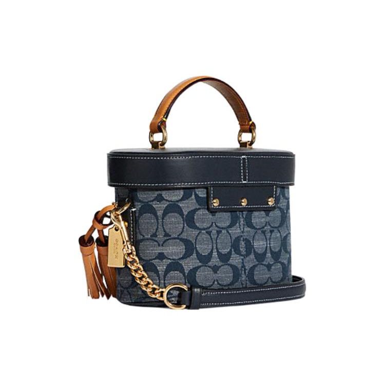 Coach Kay 20 Classic Monogram Chambray Full Print Knob Flap Tassel Box Shape Shoulder Crossbody Bag Women Handbags Denim-Blue C8165-IMDEI