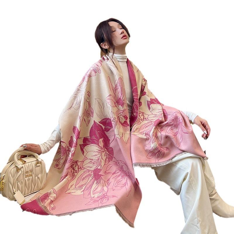 New Winter Style Literary Imitation Cashmere Scarf for Women Elegant Magnolia Flower Fragrance Fashion Scarf  Warm Plus Velvet Shawl