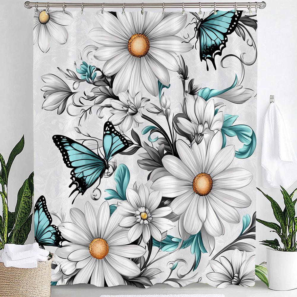 Purple Blue Floral Bouquet Butterfly Shower Curtain,Dreamy Painting Flowers &Butterfly,Bathroom Decorative Shower Curtains