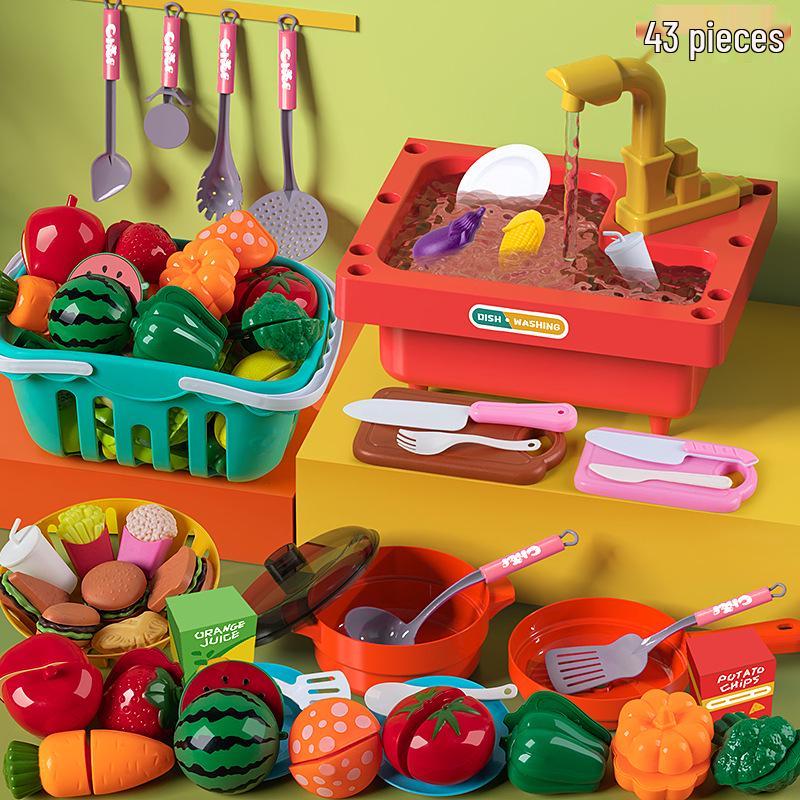Kids' Pretend Play Kitchen & Shopping Cart Set with Cuttable Fruit and Veggies
