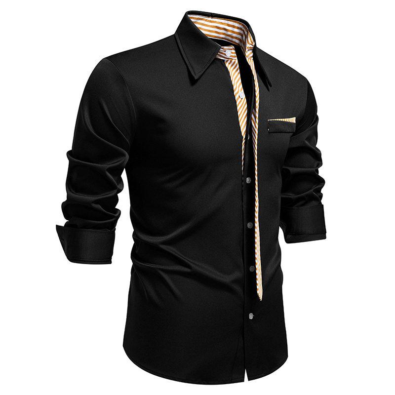 Autumn Men's Fake Tie Long Sleeve Shirt Men New Fashion Special Design Solid Shirts Male Versatile Casual Social Wedding Party