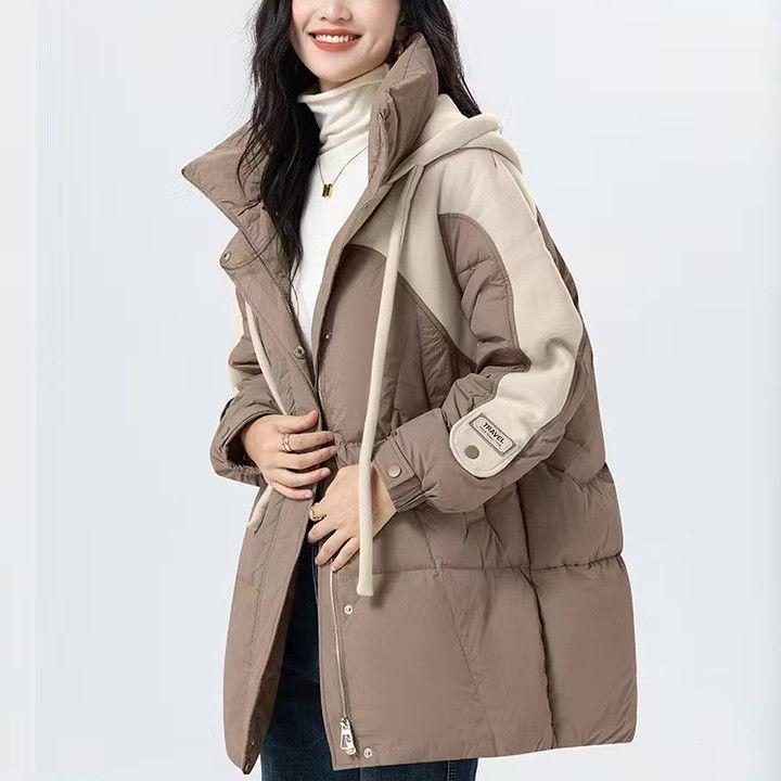 

Женское зимнее пальто Модное лоскутное Утепленная хлопковая куртка Простой стиль Средней длины Верхняя одежда XL кофейный