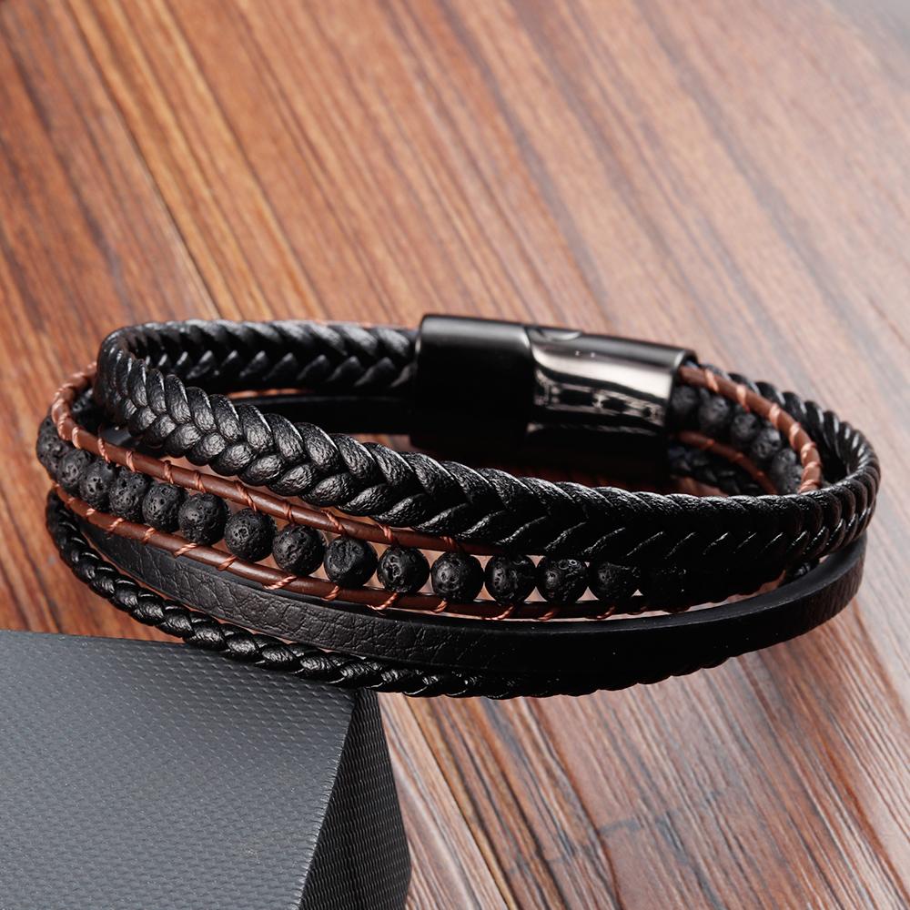 Fashion Rope Men Bracelet Double Layer Leather Bracelet Homme Stainless Steel Accessories for Lover Husband Jewelry Gift