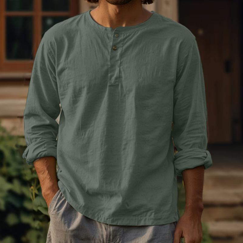 Pánská přeshraniční nová bavlněná a lněná jednobarevná košile s dlouhým rukávem tričko kulatý výstřih cross-clothing knoflíky dva knoflíky len