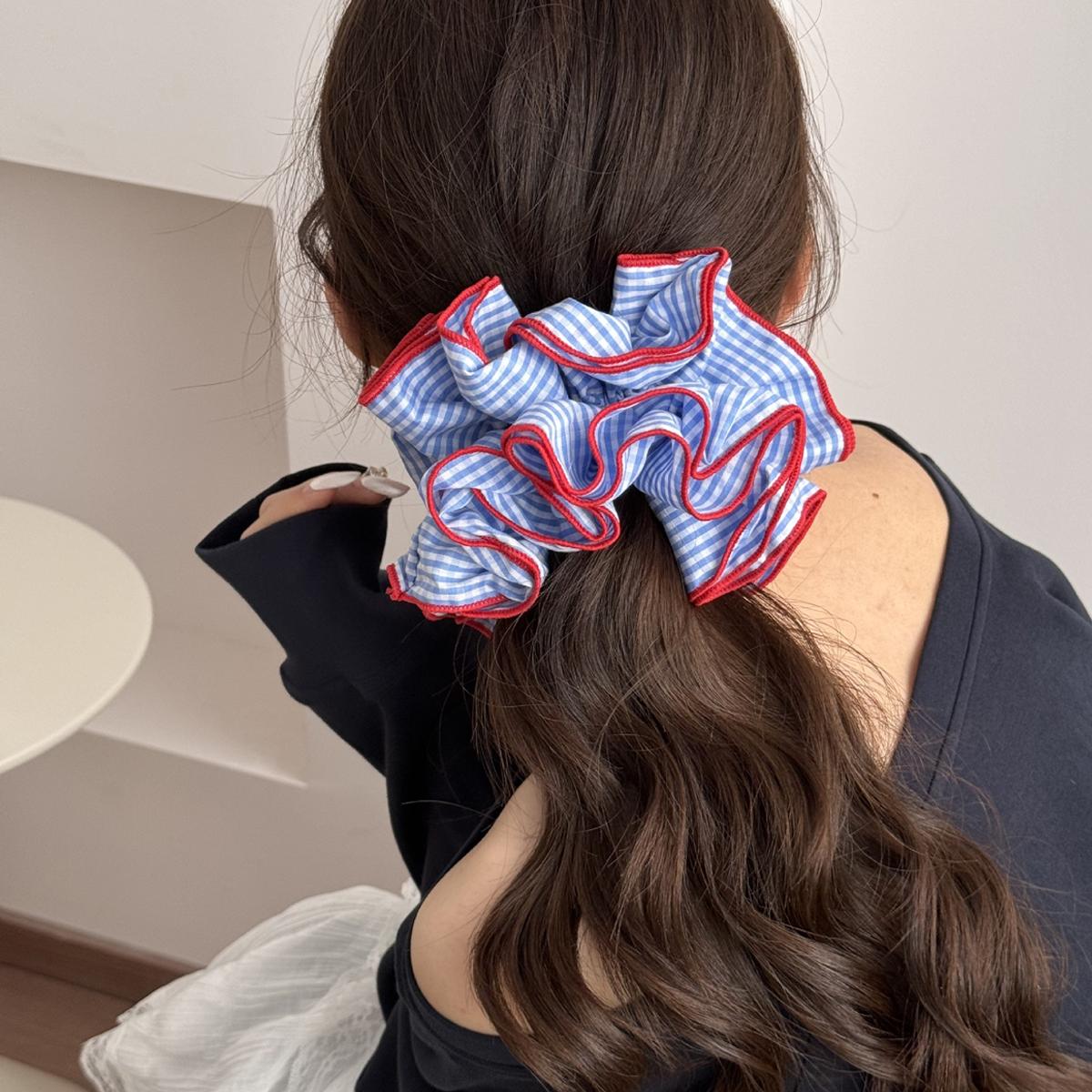 

1 шт. красная и синяя контрастного цвета синяя клетчатая резинка для волос в виде толстой кишки, объемное кольцо для волос, эластичная клетчатая повязка для волос