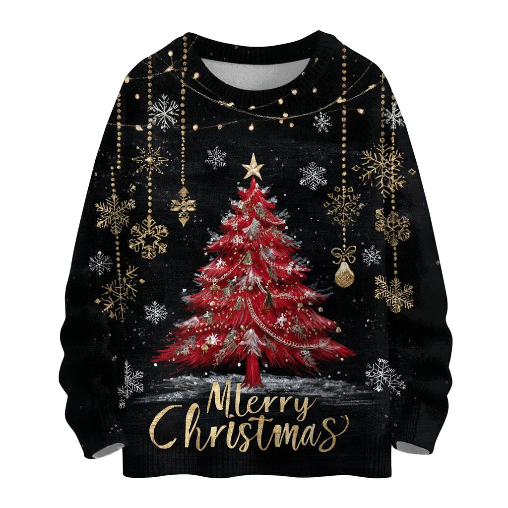 Ladies' Fashionable And Casual Christmas Cute Printed Round Neck Long Sleeved Knitted Yarn
