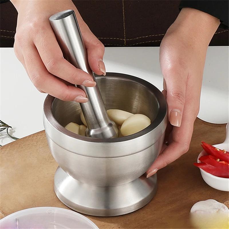 304 Stainless Steel Garlic Masher Stone Mortar Garlic Mortar Mashing Tank Household Tamping Medicine Ramming and Grinding