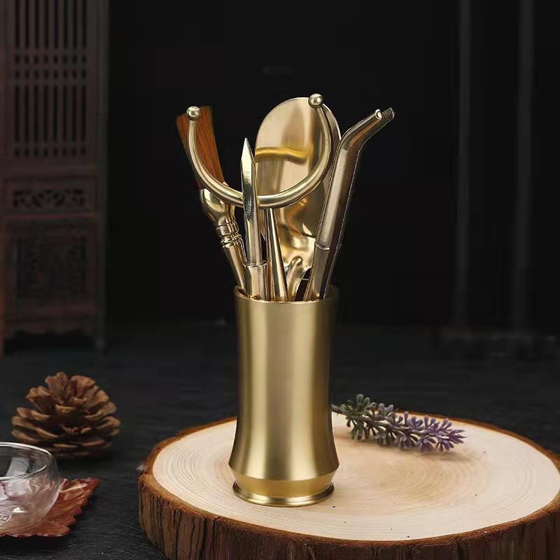 Brass Tea Ceremony Set With Tongs Pick Scoop Brush Holder - 6-Piece Gourmet Tools In Gift Box