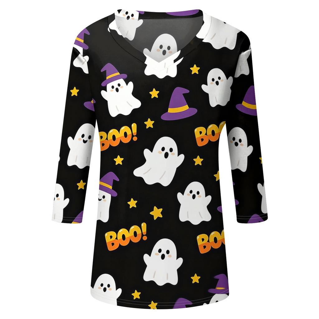 Damen Freizeit V-Ausschnitt Dreiviertelarm Oberteil Halloween Kürbisdruck Leichte Bluse für Herbst und Alltag