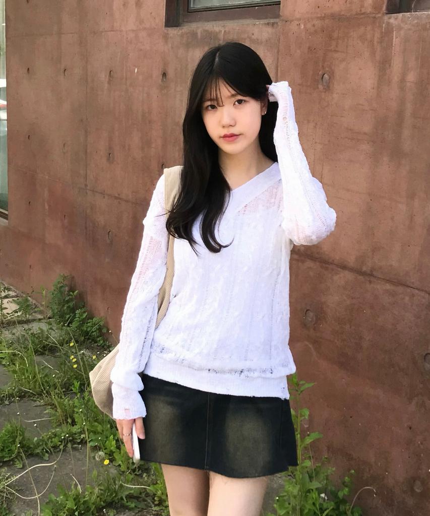 AWESOME STUDIO Distressed See-Through Long Sleeve Knit White