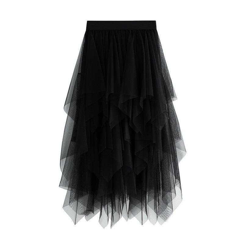 Damen Frühling Asymmetrischer Mesh Midi Rock - Hohe Taille Transparente Einsätze Schlankmachender Rock mit Fließendem Lagen-Design