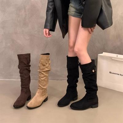 Fashion New Style Solid Color Comfortable Fashion Knee-high Fashion Boots Round Head Square Heels Increase Large Size Winter High Boots