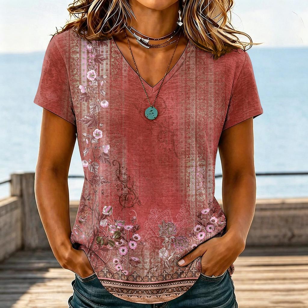 Damen Casual V-Ausschnitt Blumenprint Kurzarm T-Shirt Leichter Weicher Stoff Lockere Passform Oberteil für den Alltag