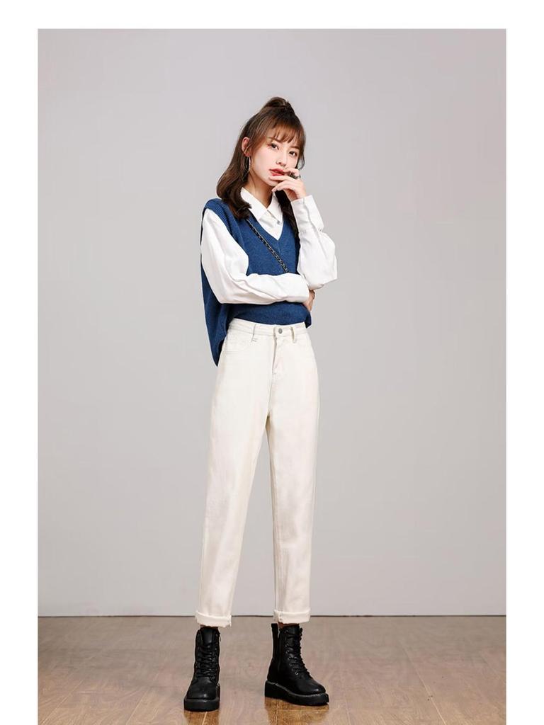 Women's Off-White High-Waisted Harem Jeans - 2024 Spring/Autumn, Elastic, Loose Fit, Slimming Casual Carrot Pants