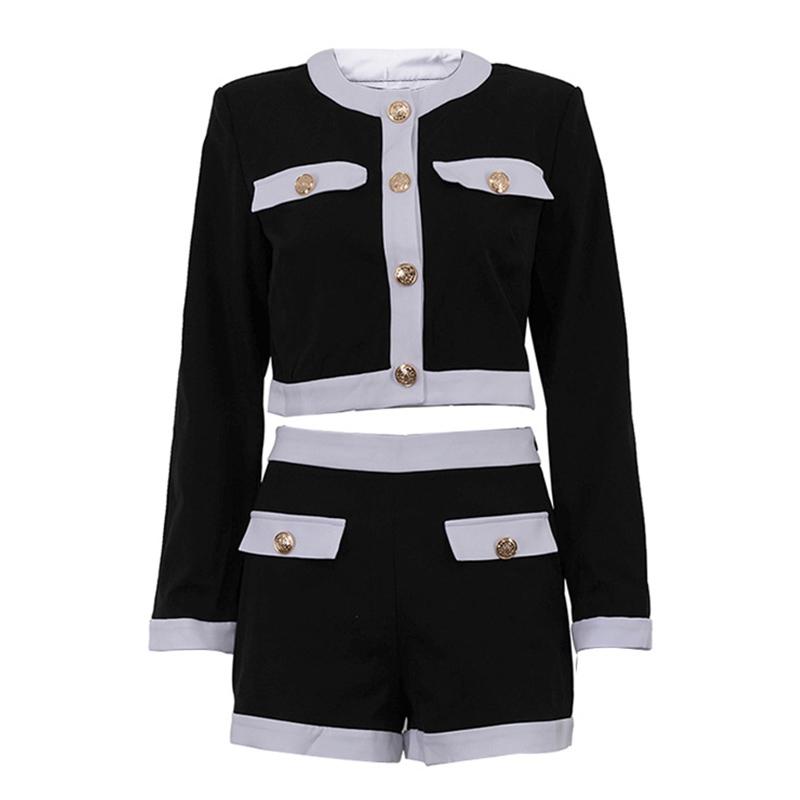 Slim Contrast Coat Shorts Set Women's Single Breasted Long Sleeve Tops High Waist Short Pants 2026 New Lady Elegant Suit
