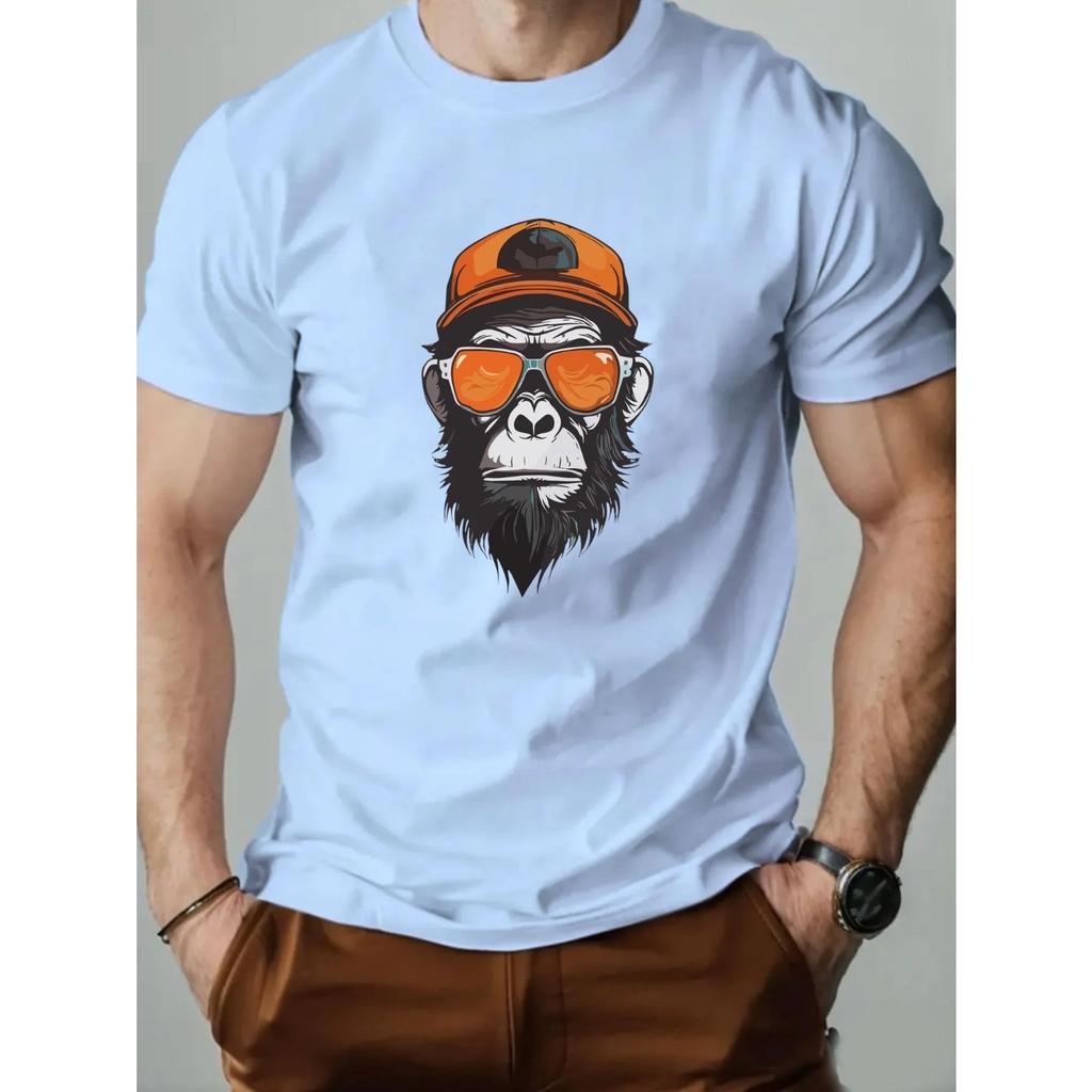 Men's Summer 100% Pure Cotton Fashionable Casual Sports Loose Monkey Pattern Printed Round Neck Short Sleeved T-shirts