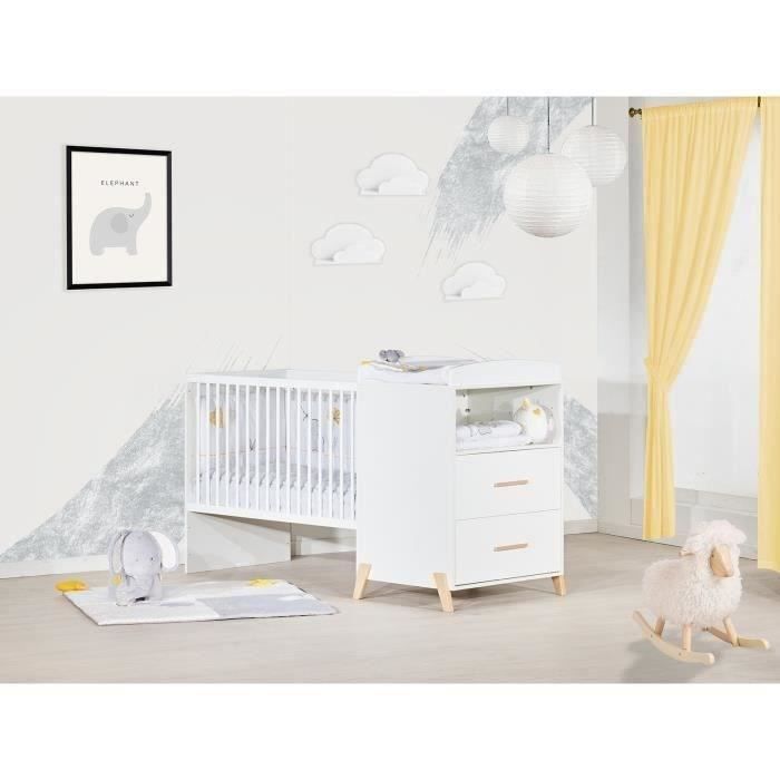 Combination Bed - 120x60cm - Convertible To 90x190cm - Babyprice Joy Naturel - White On Natural Wood Legs
