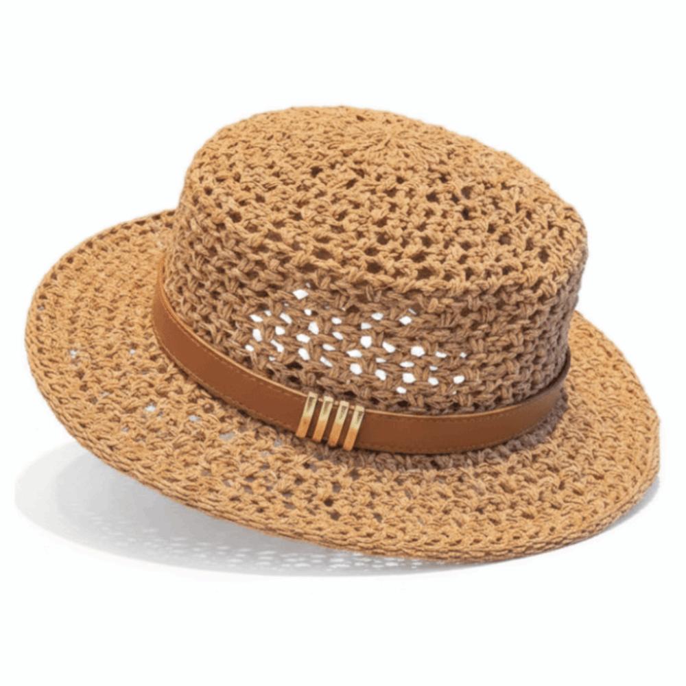 Wide Brim Sunshade Straw Hat Vintage Style Flat Top Straw Hat Mesh Woven Straw Hat  Beach Vacation