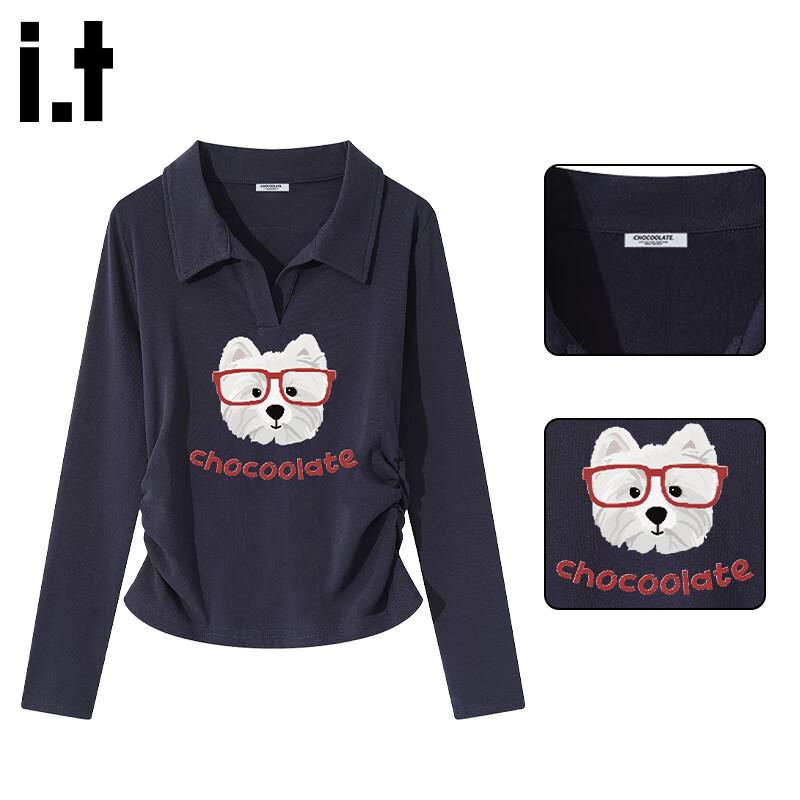 :CHOCOOLATEit Women's Puppy Print Polo Long-Sleeve T-Shirt
