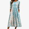 Spring and Summer 2026 New Round Neck 7-point Sleeve Casual Loose Long Printed Dress - Bamboo Hemp