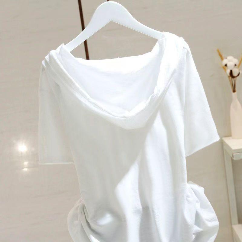 Korean Style Women's White Short-Sleeve Hooded T-Shirt - Summer 2026 Fashion, Loose, Slimming, Casual Plus Size.