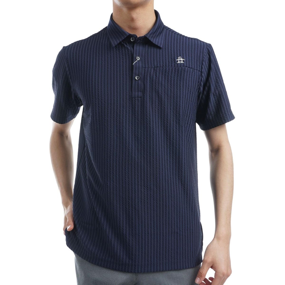 

Munsingwear MGMXJA19 Short Sleeve Shirt with Soccer Left Chest Golf Navy Blue Men s Stripes, Sunscreen, Pocket, Moisture-Wicking, Quick-Drying, Shirt,