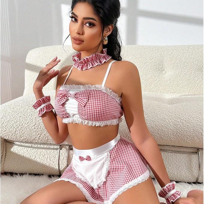 New Maid Uniform Seduction Suspender Plaid Bow Maid Cosplay Sex Set Spot