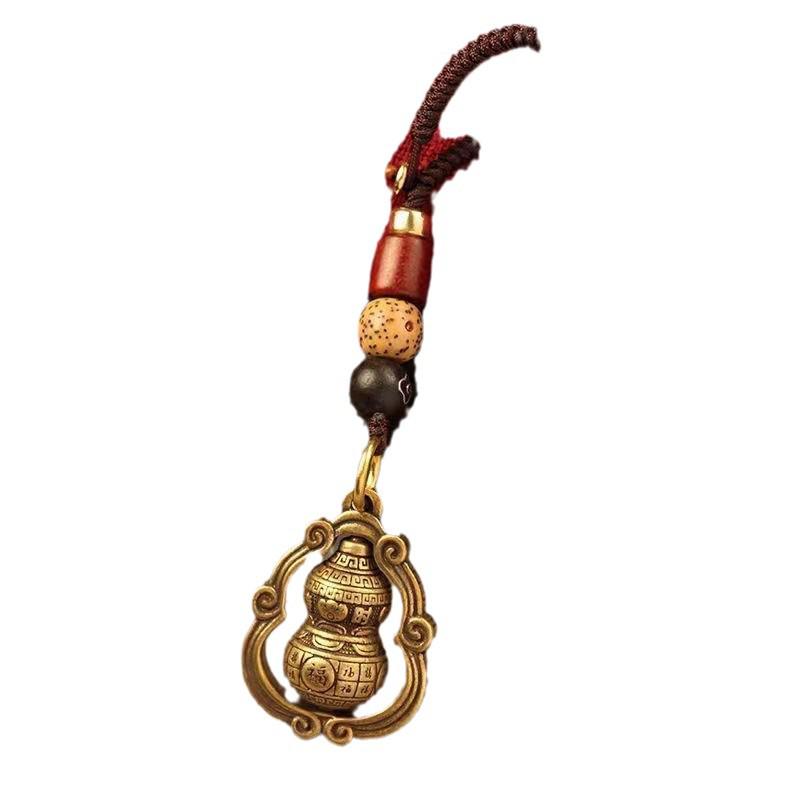Rotating Brass Gourd Fortune Keychain with Auspicious Cloud Pendant