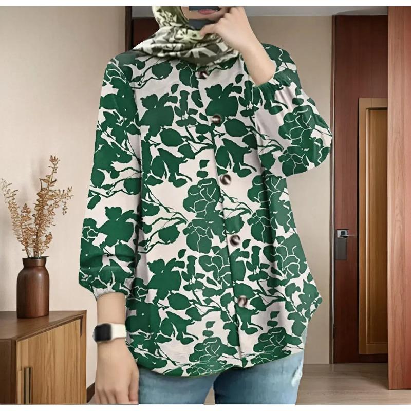 YYFS Women's Fashion Casual Spring Autumn Flower Pattern Print Long Sleeve O-Neck Blouses & Shirts