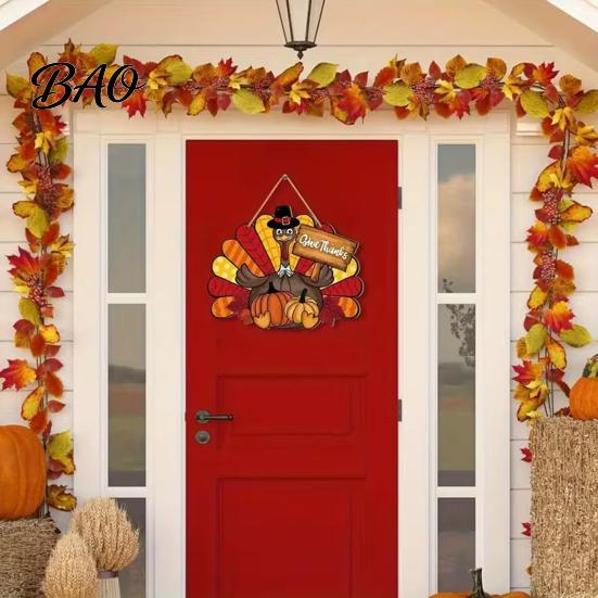 Outdoor Thanksgiving Decor Wooden Sign, Turkey and Pumpkin Welcome Wall Hanging with "Give Thanks" High-definition Printed Sign , Rustic Farmhouse