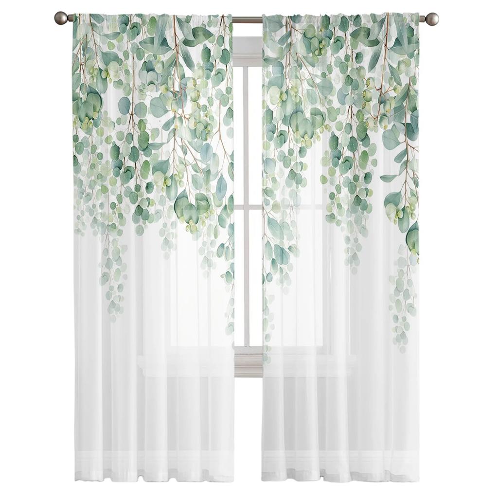 Watercolor Plant Leaf Illustration Green Sheer Window Curtain Tulle Curtains for Livingroom Bedroom Home Decor Voile Drapes