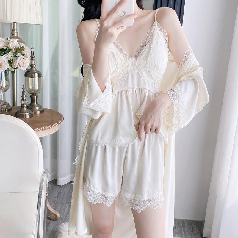 1011 spring, summer and autumn new ice silk sexy pajamas women's pure desire lace high waist and thin hanging skirt with chest pad nightgown