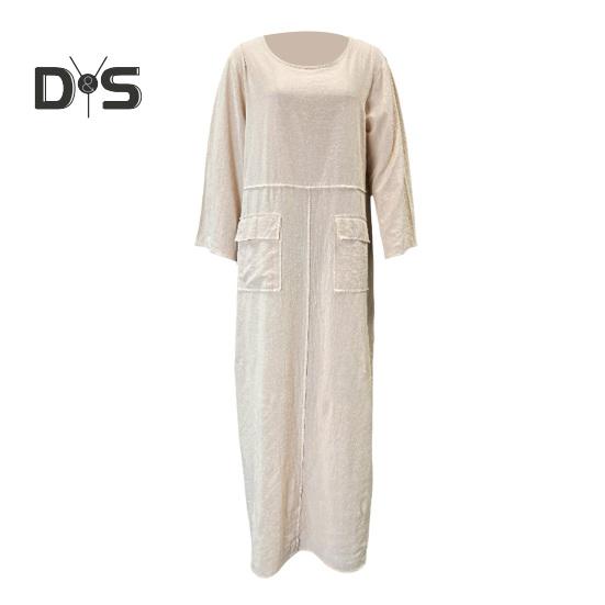 Langarmkleid für Damen, lockere Passform, einfarbig, langes Kleid mit Taschen, Rundhalsausschnitt, A-Linien-Spleißkleid im Retro-Stil für Büro, Alltag, Strandparty