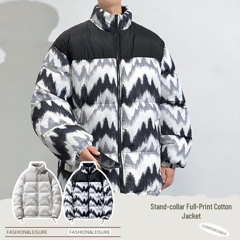 Men's Winter 2025 Wave Pattern Color Block Thick Cotton Jacket with Velvet Lining