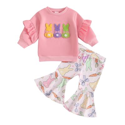 Conjuntos de Pascua para Niña Pequeña Bordado de Conejito Sudadera de Manga Larga + Pantalones Acampanados Estampados con Lazo de Cintura Elástica Conjunto de 2 Piezas