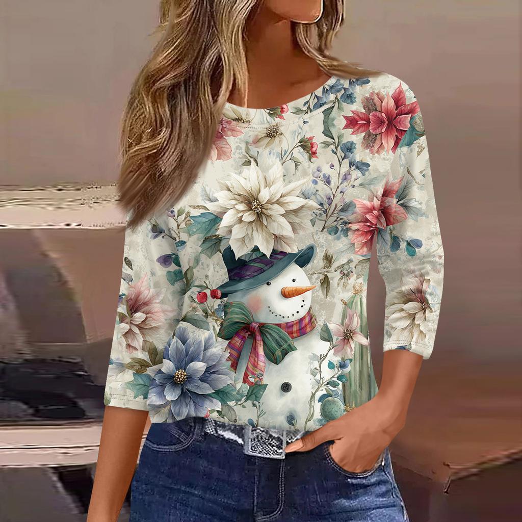 3/4-ermet damebluser blomstermønstret vintage mote avslappet løs med rund hals pluss størrelse skjorter