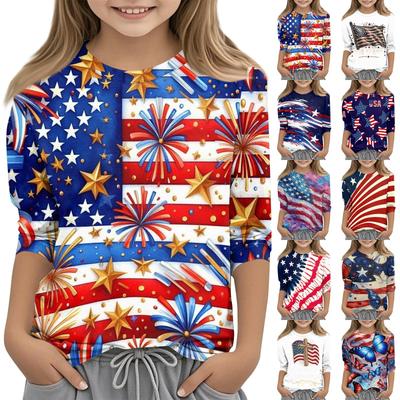 Camiseta Casual Infantil com Estampa do Dia da Independência, Gola Redonda e Manga de Sete Quartos