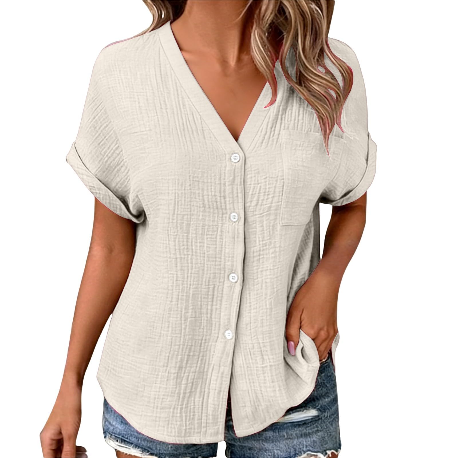 

Women s Casual -Color Collared Bell-Sleeve Loose-Fit Button-Down Shirt L бежевый